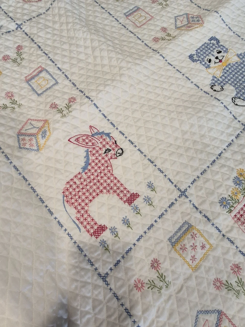 Vintage Handmade Crosstitch Baby Quilt- White with Blue and Pink Animal Motifs
